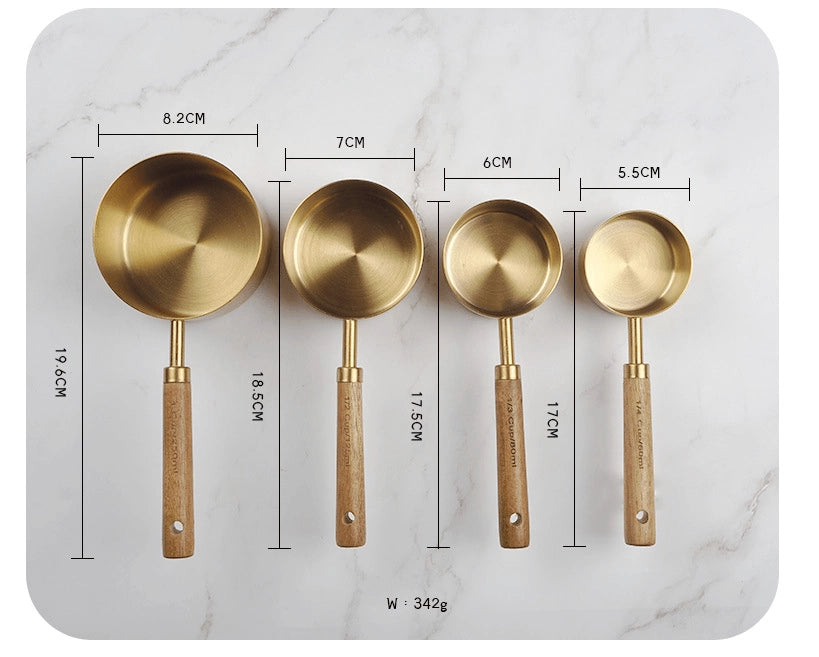 Upgrade your kitchen tools with our Gold Stainless Steel Sets! ✨ Made from heavy-duty, food-grade stainless steel, these measuring utensils are rust-proof and a healthier alternative to plastic. Perfect for both liquid and dry ingredients, they feature engraved measurement marks for precise cooking.

The special walnut handles ensure a non-slip grip, making them comfortable to use. Elevate your baking experience with this luxurious and functional set!