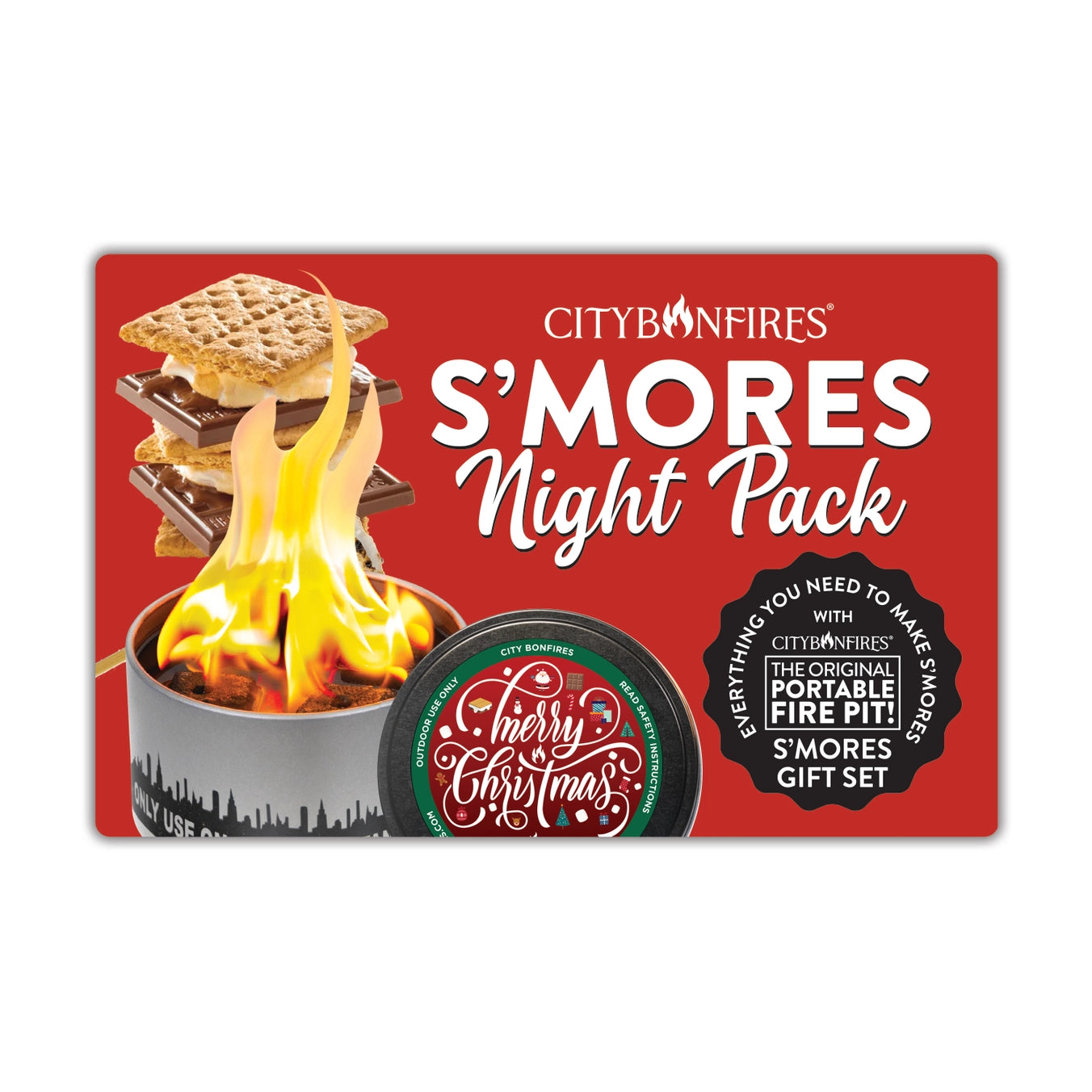 The "Merry Christmas" Limited Edition City Bonfires Night Pack is your go-to festive gift, delivering cozy vibes and s'more fun to be enjoyed ANYWHERE! 🔥

It includes a mini portable bonfire handmade in Maryland, USA. It pairs perfectly with the s'mores kit and reusable skewers included. Eco-friendly, reusable, and perfect for outdoor adventures, it burns for 3-5 hours (here for a good time, not a long time) and is made from 100% non-toxic soy wax. Ideal for gift-giving or creating memorable moments all ye