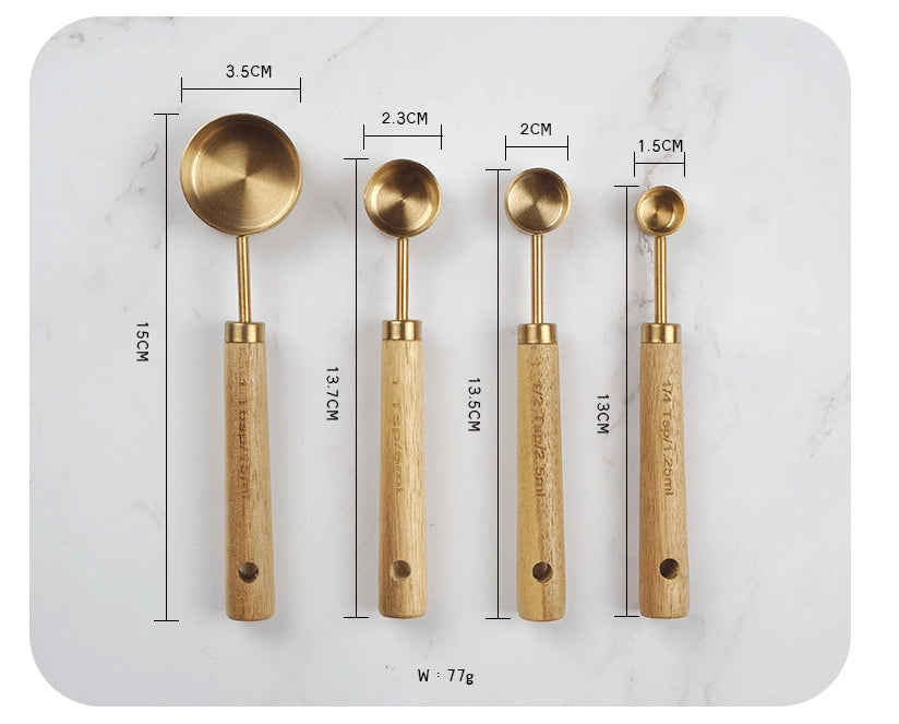 Upgrade your kitchen tools with our Gold Stainless Steel Sets! ✨ Made from heavy-duty, food-grade stainless steel, these measuring utensils are rust-proof and a healthier alternative to plastic. Perfect for both liquid and dry ingredients, they feature engraved measurement marks for precise cooking.

The special walnut handles ensure a non-slip grip, making them comfortable to use. Elevate your baking experience with this luxurious and functional set!