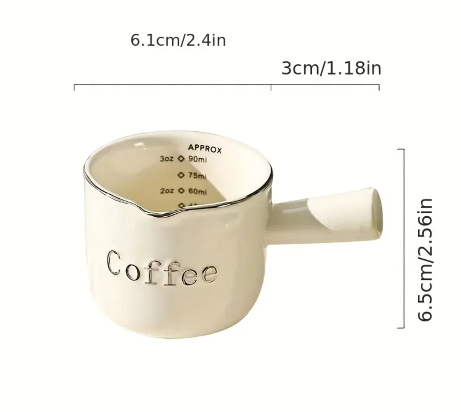 Elevate your coffee game with our Espresso Ceramics Graduated Measuring Cup with Handle ☕

Designed for coffee enthusiasts, this high-quality ceramic cup features graduated markings for precise measurement of espresso shots. Durable and stain-resistant, it maintains its elegance while adding a stylish touch to your morning coffee ritual.&nbsp;

It makes an ideal gift for baristas and anyone passionate about brewing the perfect cup.

Key Details:
- Made in Hong Kong 🇭🇰

- Weight: 100 g (3.53 oz)