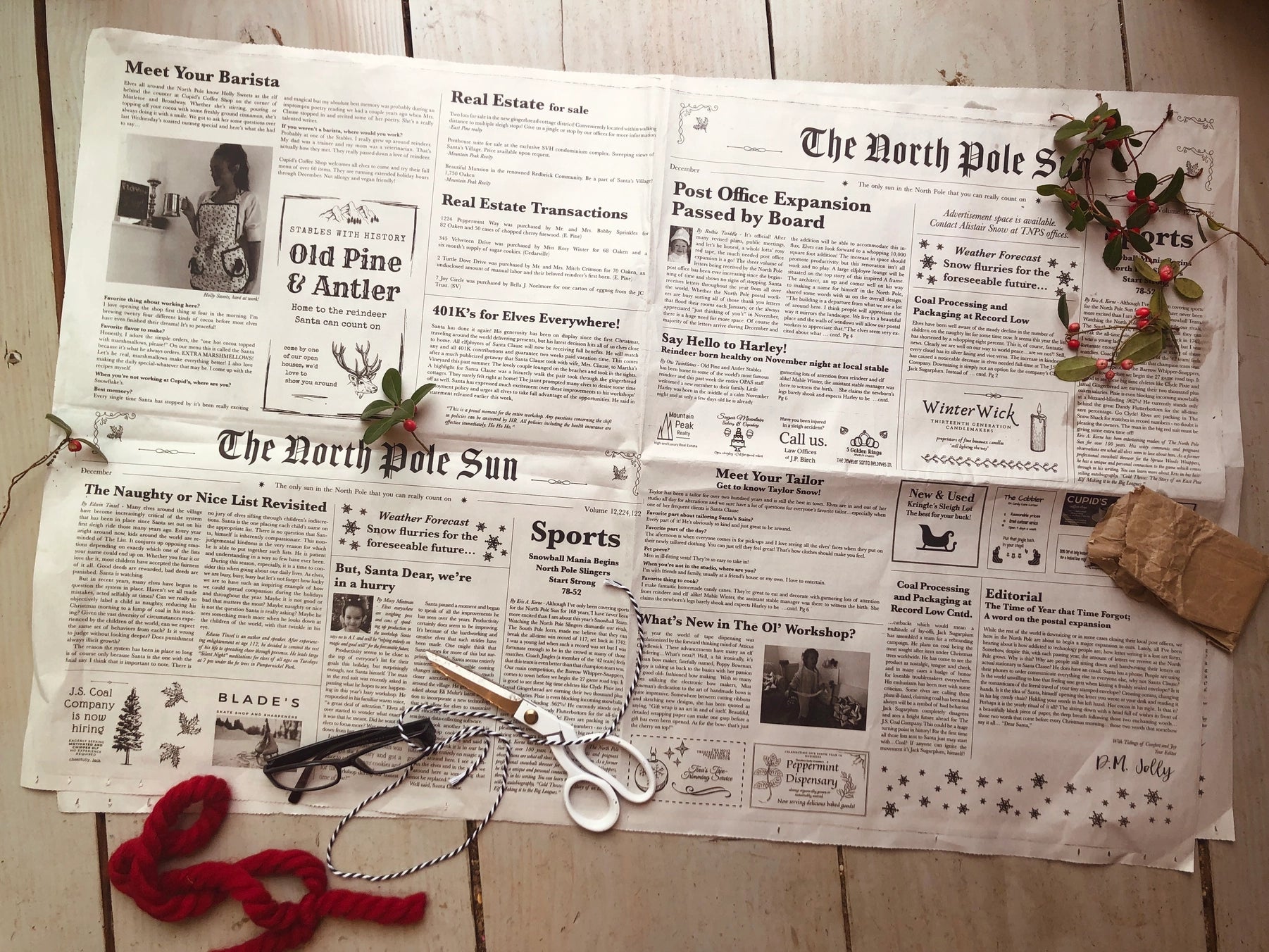 Wrap your gifts in a classic North Pole Newspaper sheet! 🎁

This eco-friendly, single-sided newsprint is filled with fun articles about Santa and his elves, making it a unique alternative to traditional wrapping paper. Use it for presents or as a festive touch with cookies and milk left out for Santa!&nbsp;

Key Details:&nbsp;
- Dimensions: 38.1 x 57.9 cm (15 x 22.8 in)

- Plastic-free, recycled, and vegan 🌍