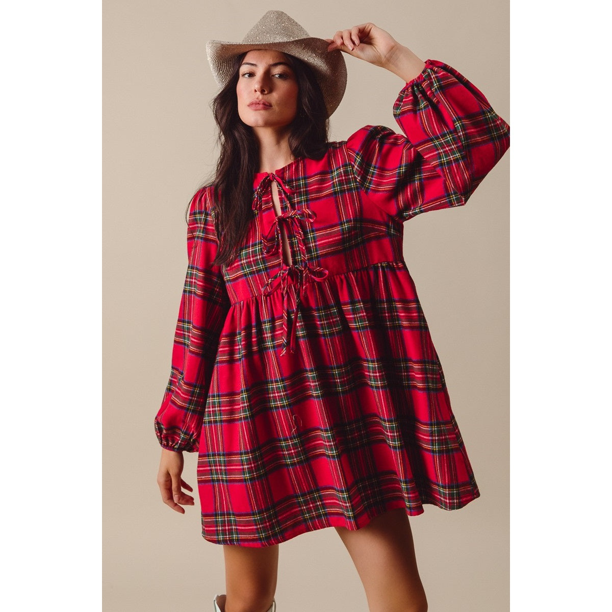 Festive Tartan Plaid Dress With Bows